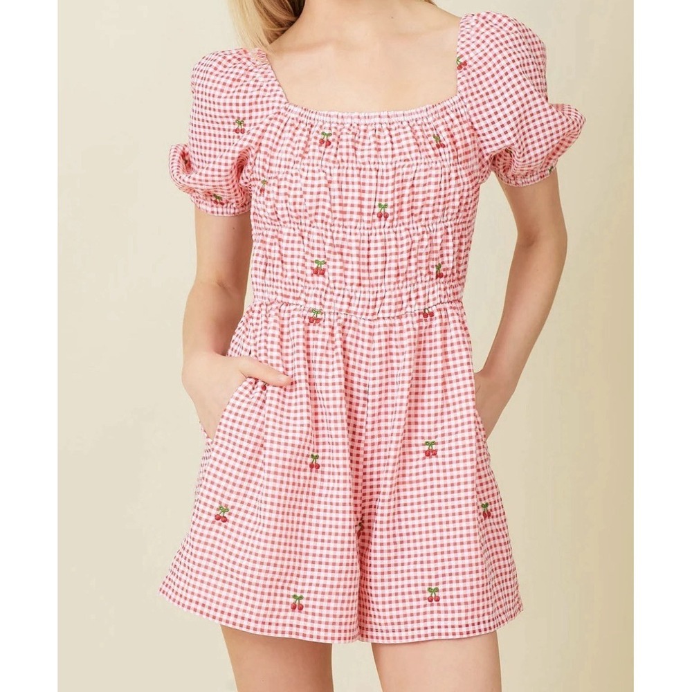 Baevely Gingham Check Cherry Romper Medium Square Neck Picnic Cottage Resort NWT